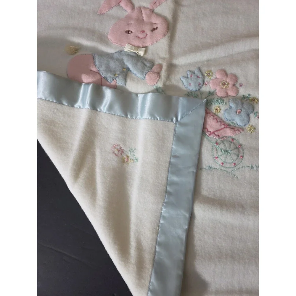 Vtg Hand Made Baby Blanket Bunny Rabbit Flower Satin Trim Applique Pink Blue